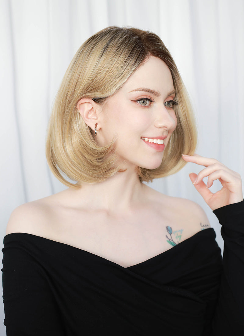 Mixed Blonde With Dark Roots Straight Mono Top Bob Lace Wig MN002