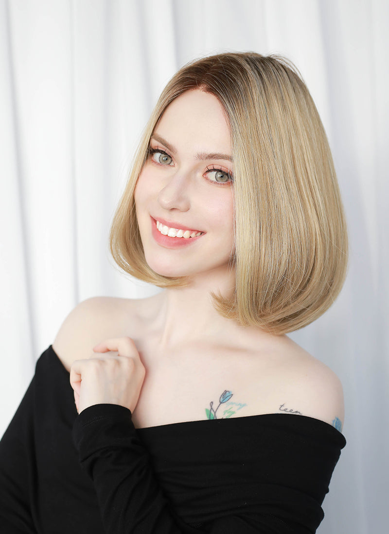 Mixed Blonde With Dark Roots Straight Mono Top Bob Lace Wig MN002