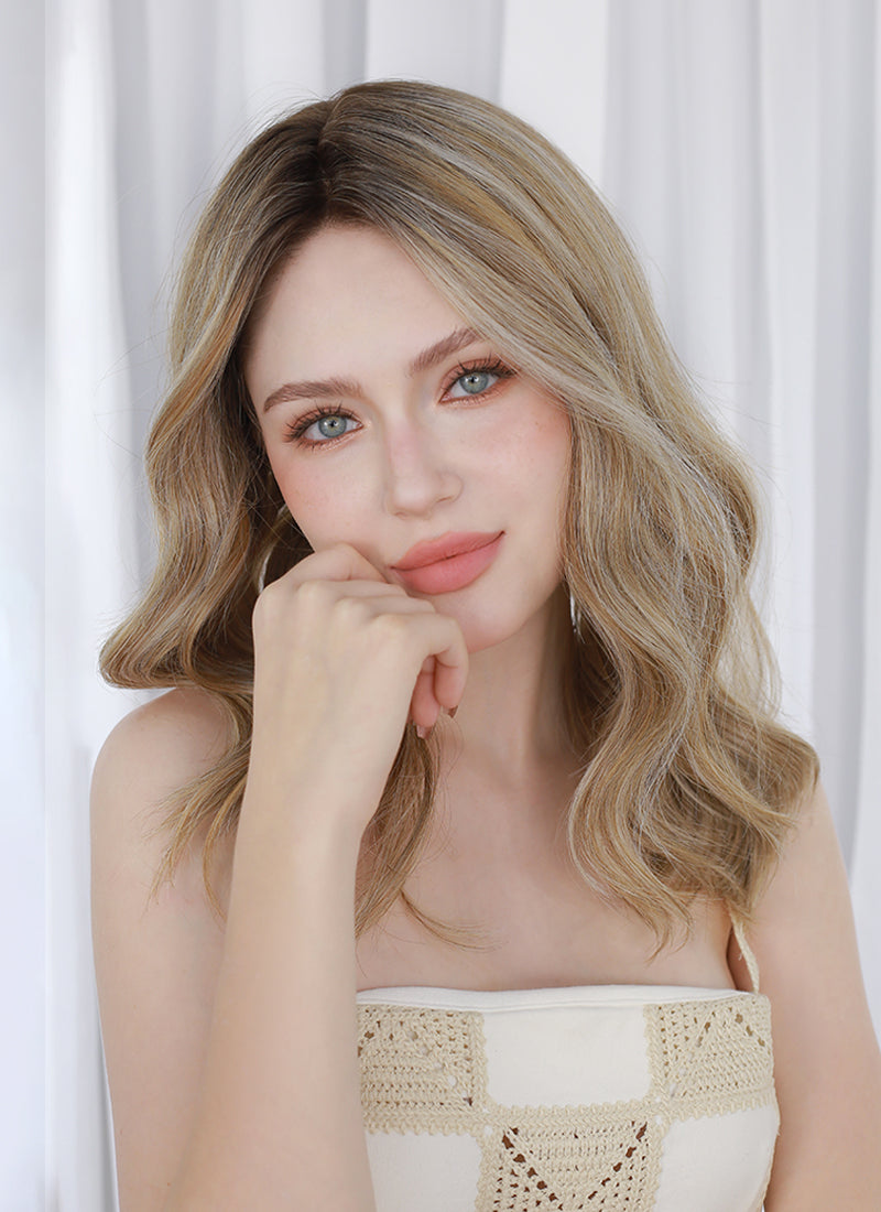 Mixed Blonde With Dark Roots Wavy Mono Top Lace Wig MN013