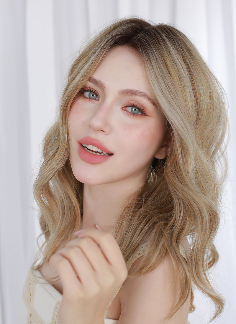 Mixed Blonde With Dark Roots Wavy Mono Top Lace Wig MN013
