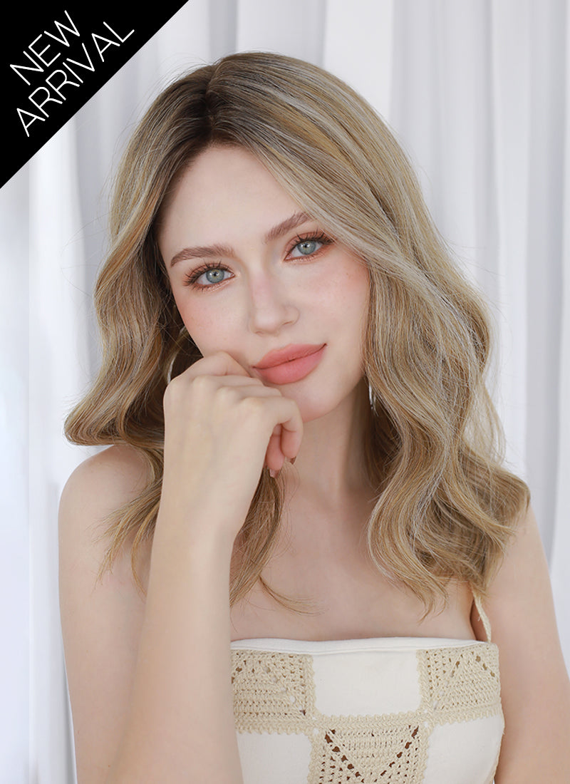 Mixed Blonde With Dark Roots Wavy Mono Top Lace Wig MN013