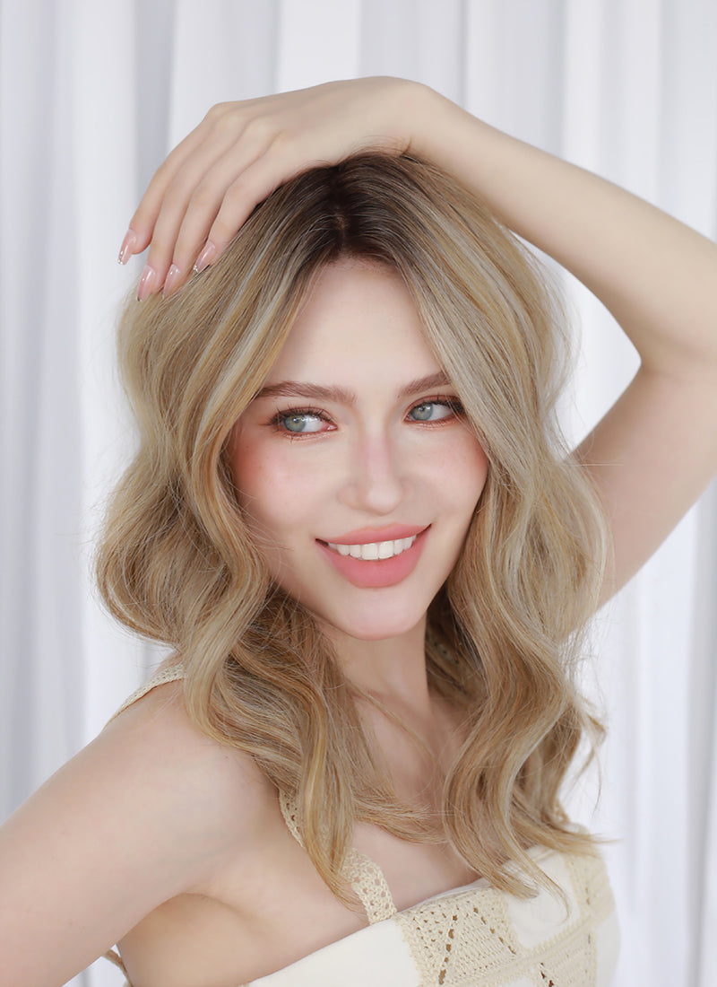 Mixed Blonde With Dark Roots Wavy Mono Top Lace Wig MN013