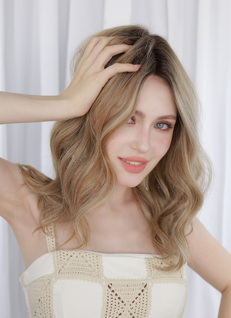 Mixed Blonde With Dark Roots Wavy Mono Top Lace Wig MN013
