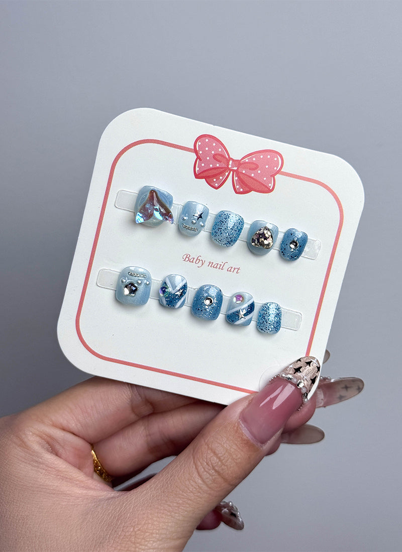 Blue Little Mermaid Magic Coffin Handmade Children's Press-On Nails Kid NF035C