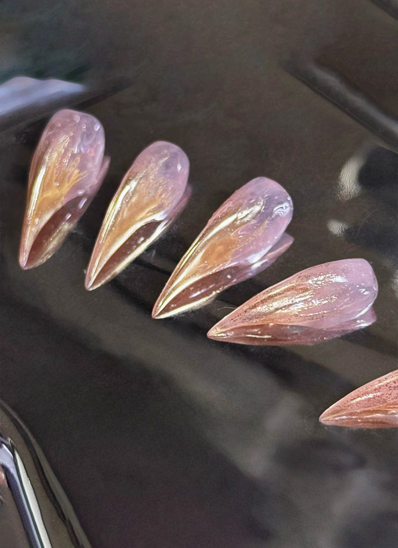 3D Champagne Gold & Nude Pink Edgy Unique & Luxe Claw Handmade Press-On Nails NF061