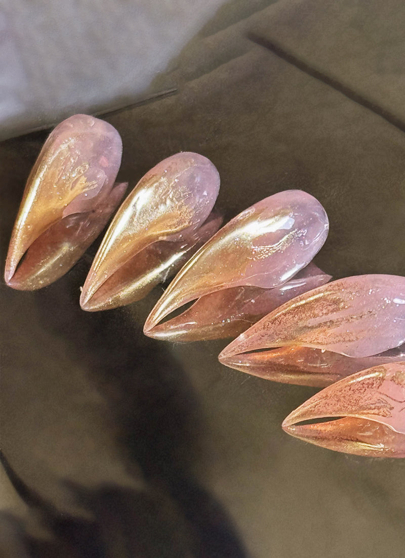 3D Champagne Gold & Nude Pink Edgy Unique & Luxe Claw Handmade Press-On Nails NF061