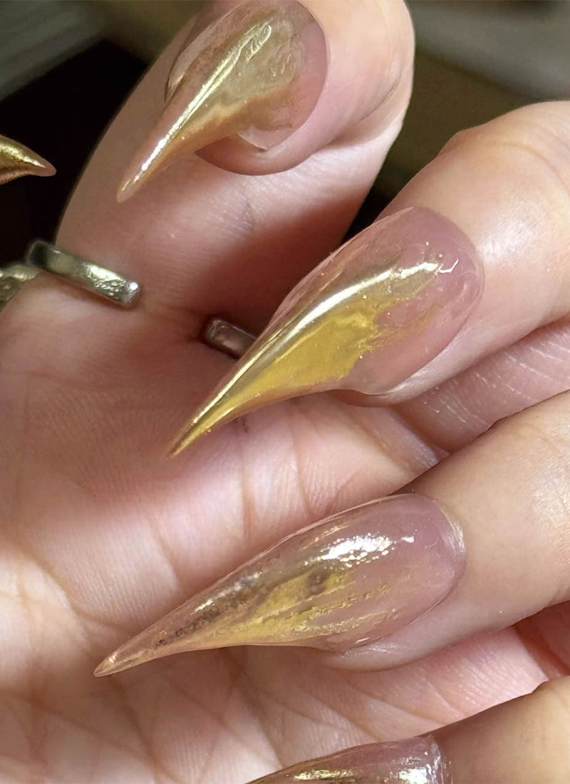 3D Champagne Gold & Nude Pink Edgy Unique & Luxe Claw Handmade Press-On Nails NF061