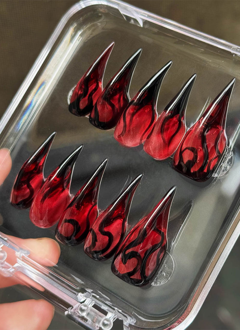 3D Red and Black Flame Claw Handmade Press-On Nails NF062
