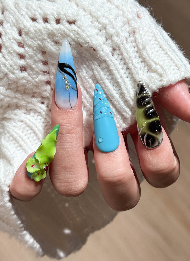 Handcrafted Floral Embossed Vibrant Color Contrast Premium Autumn/Winter Design Almond Handmade Press-On Nails NF081