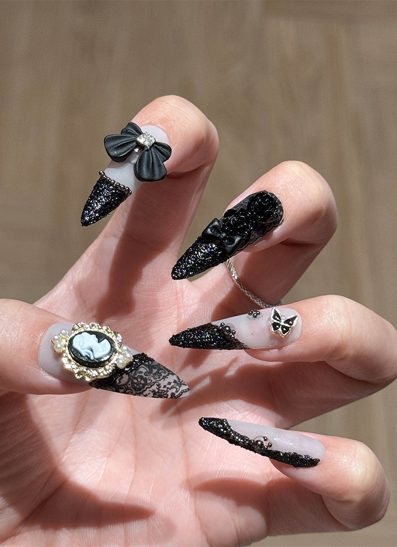 Elegant Black & Off-White Floral Almond Handmade Press-On Nails NF082