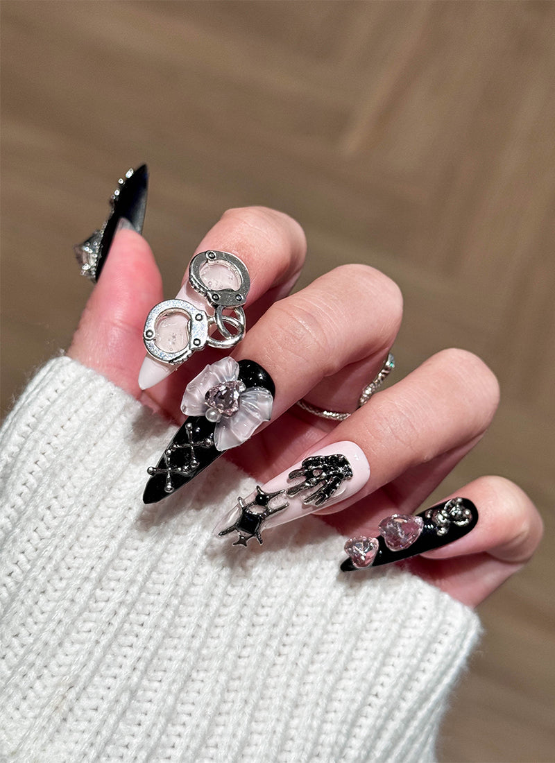 Edgy & Chic Almond Handmade Press-On Nails with Gothic Elegance NF084