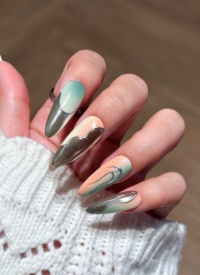 Airbrushed Ombre Edgy Metallic Design Almond Handmade Press-On Nails NF090