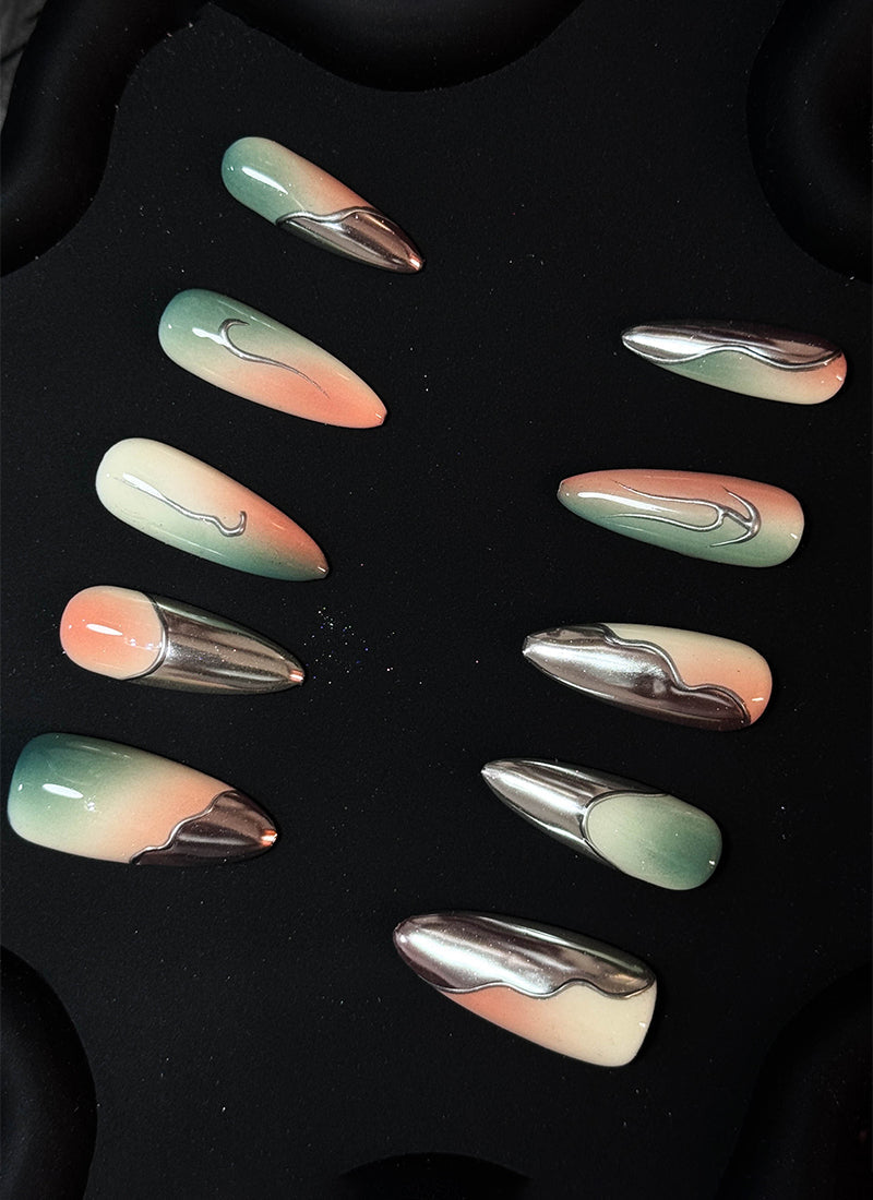 Airbrushed Ombre Edgy Metallic Design Almond Handmade Press-On Nails NF090