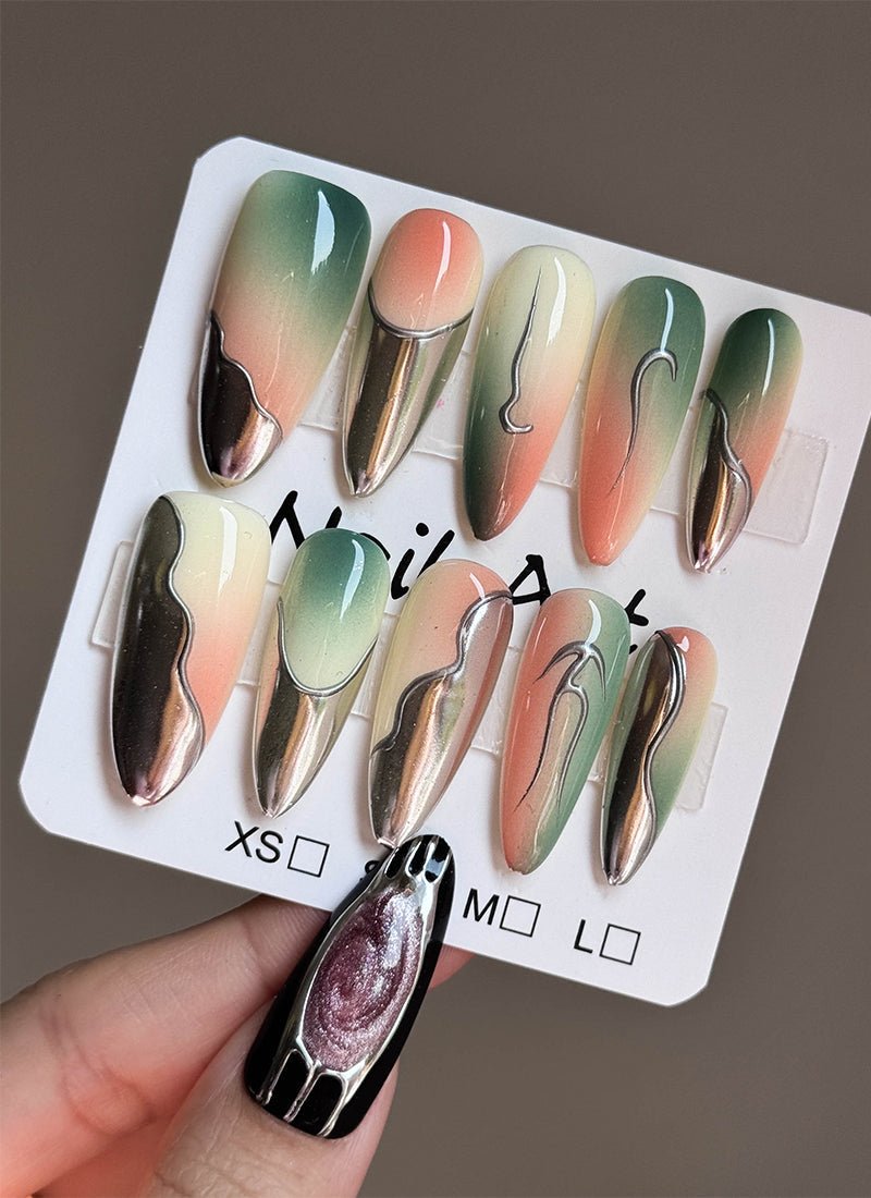 Airbrushed Ombre Edgy Metallic Design Almond Handmade Press-On Nails NF090