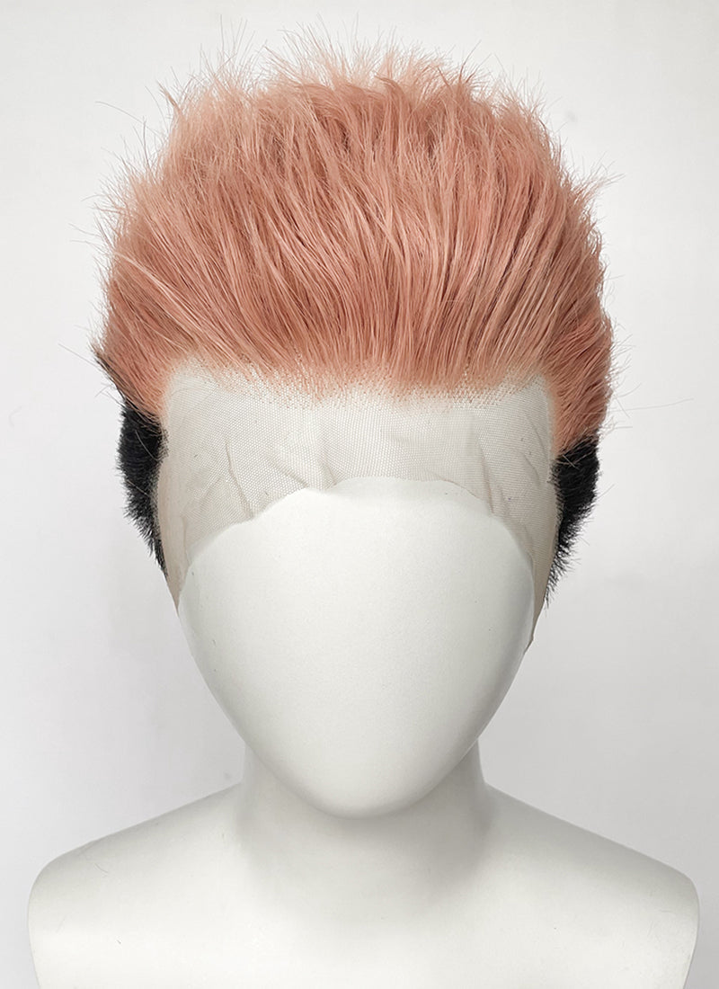 Jujutsu Kaisen Sukuna/Yuji Itadori Peach Pink Black Ombre Wavy Lace Front Synthetic Men's Wig LF6130