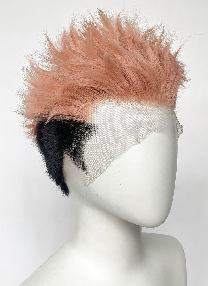 Jujutsu Kaisen Sukuna/Yuji Itadori Peach Pink Black Ombre Wavy Lace Front Synthetic Men's Wig LF6130
