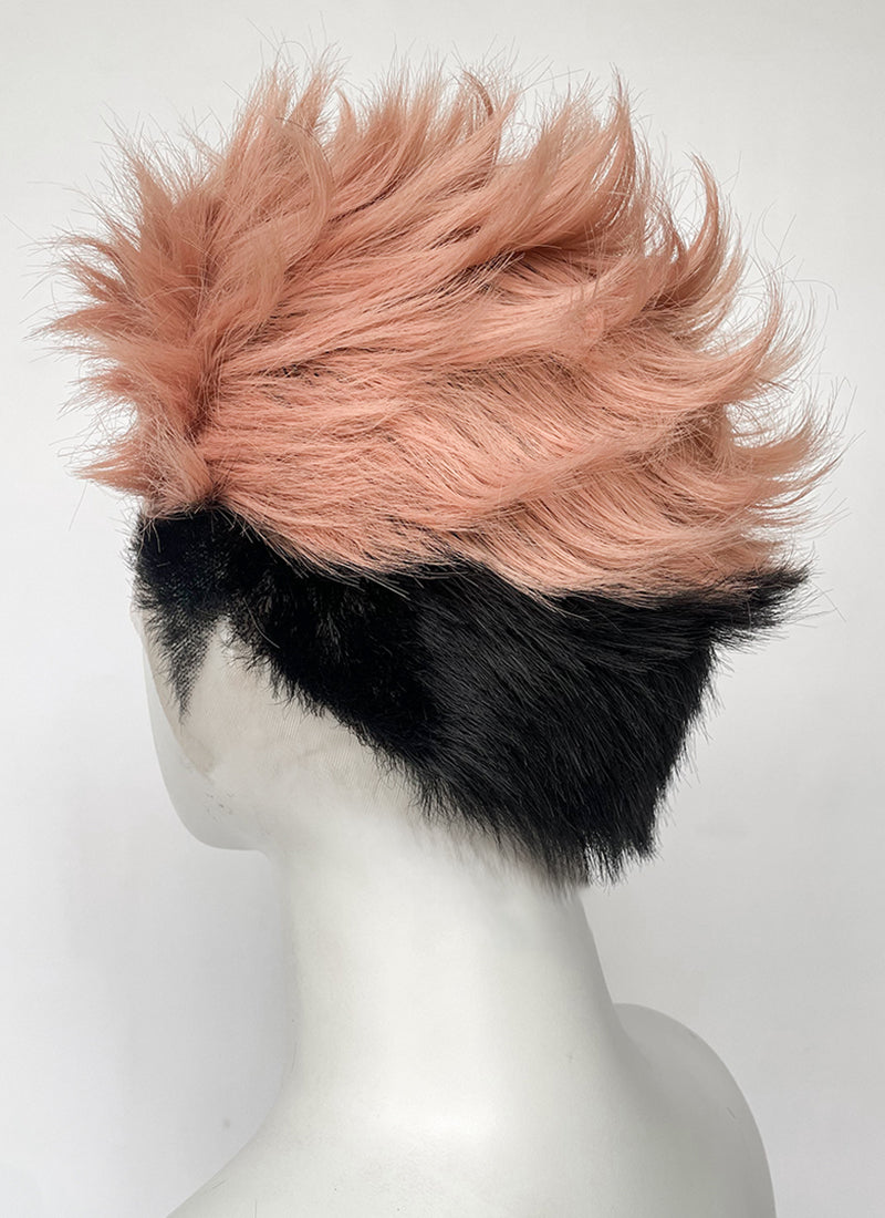 Jujutsu Kaisen Sukuna/Yuji Itadori Peach Pink Black Ombre Wavy Lace Front Synthetic Men's Wig LF6130
