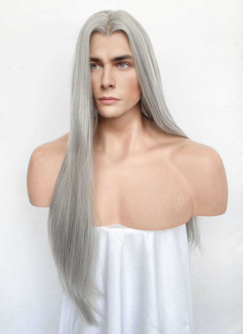 Pastel Blondish Grey Straight Lace Front Synthetic Hair Men's Wig LFM003