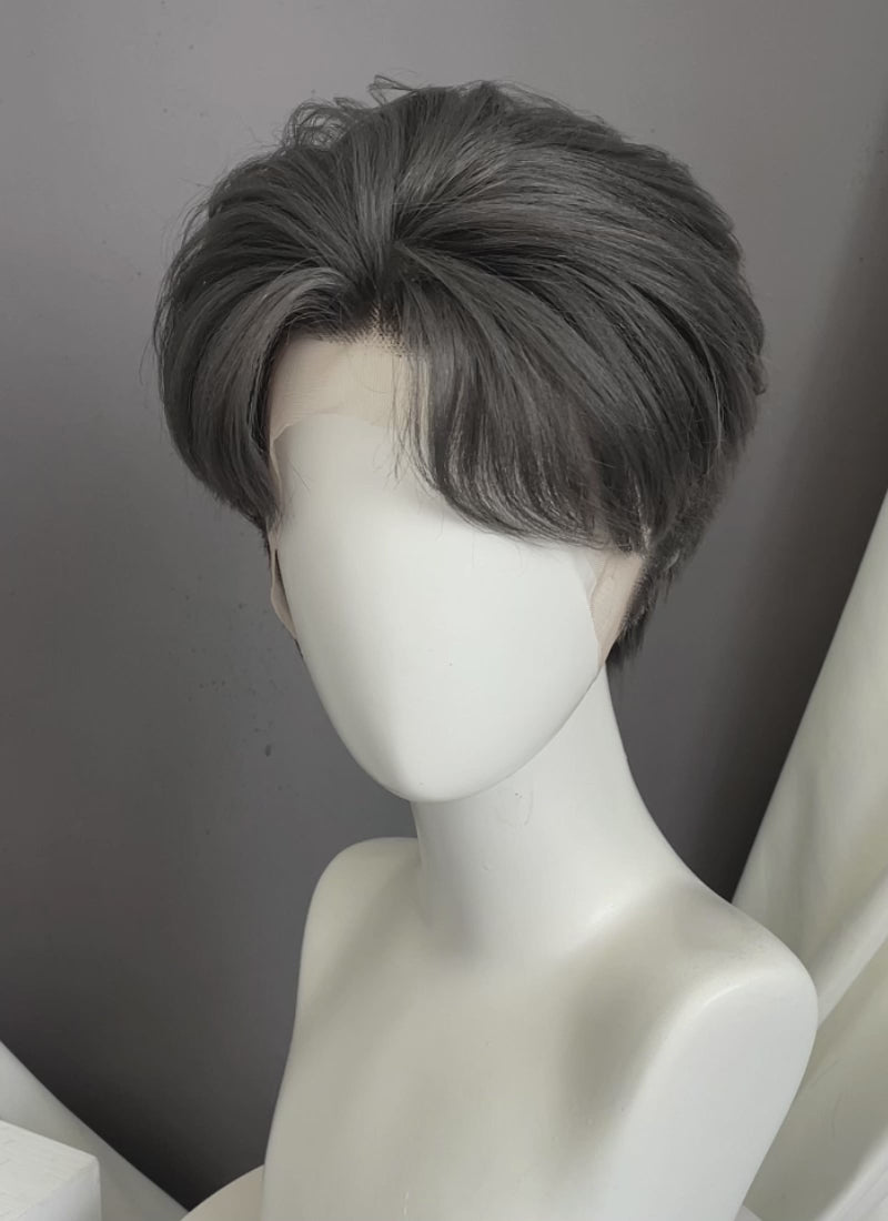 Dark Grey Straight Yaki Lace Front Synthetic Men's Wig LF6133