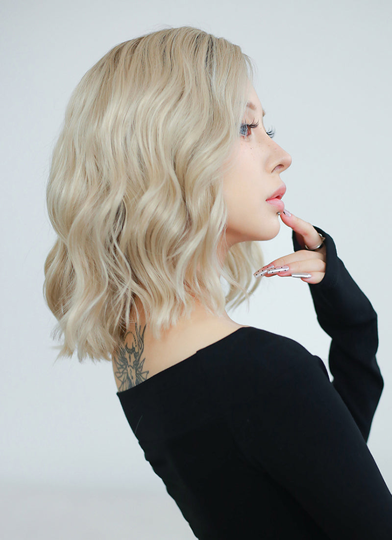 Ash Blonde With Brown Roots Wavy Bob Lace Front Synthetic Wig LF6006