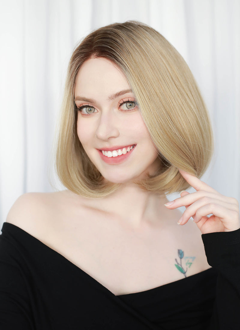 Mixed Blonde With Dark Roots Straight Mono Top Bob Lace Wig MN002
