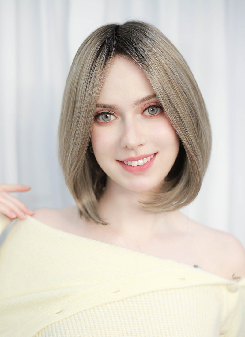Balayage Blonde With Dark Roots Straight Mono Top Bob Lace Wig MN005