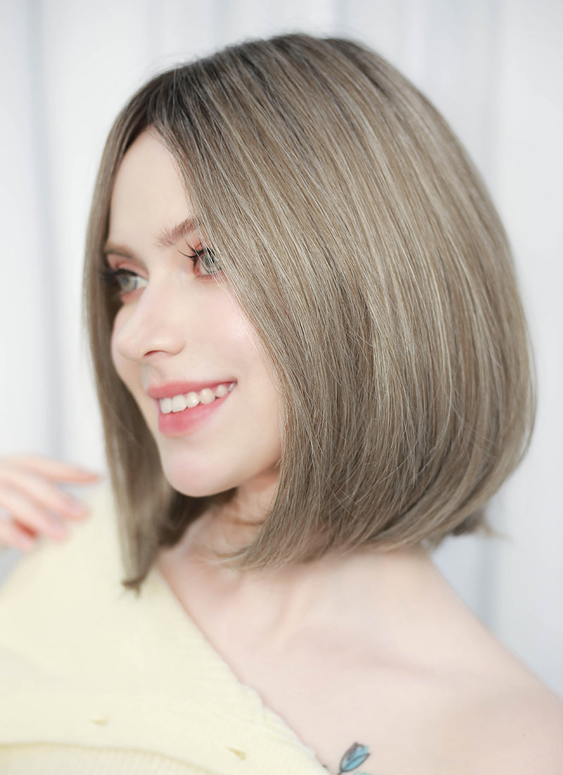 Balayage Blonde With Dark Roots Straight Mono Top Bob Lace Wig MN005