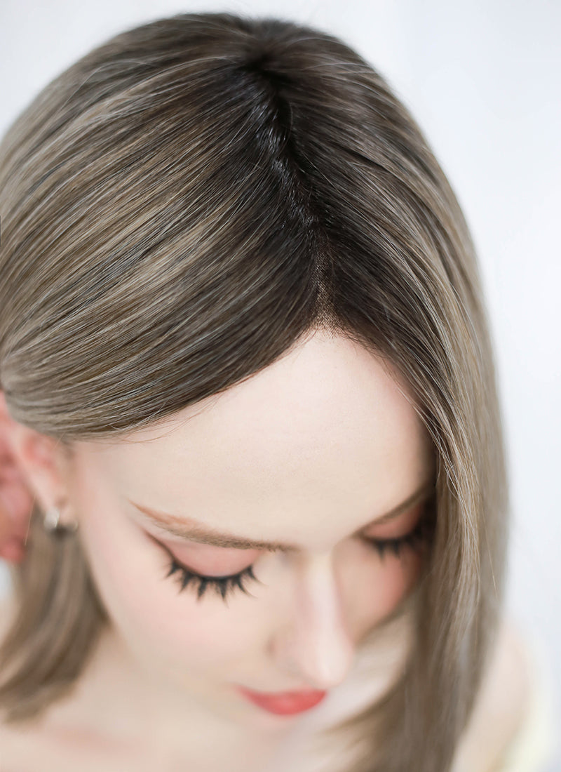 Balayage Blonde With Dark Roots Straight Mono Top Bob Lace Wig MN005