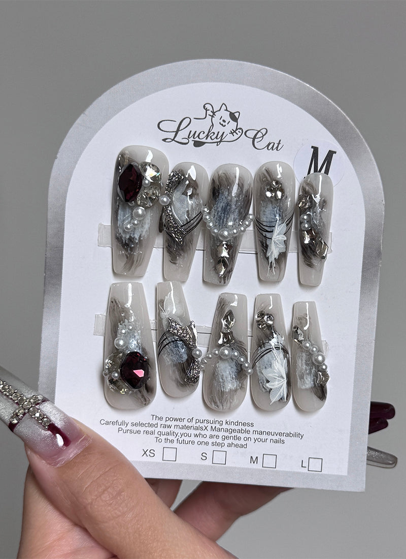 Hand-Painted Dark Metal Watercolor Coffin Reusable Press-On Nails NF008