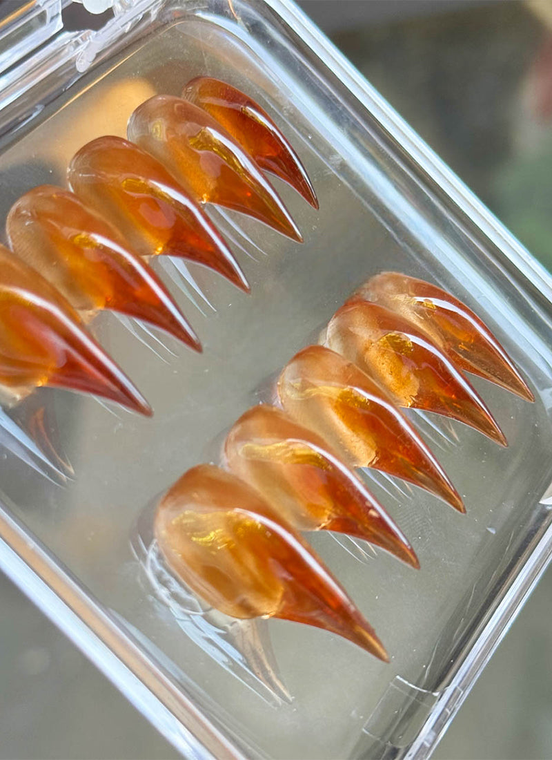 3D Amber Tortoise & Maple Claw Handmade Press-On Nails NF063