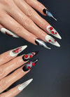 Gothic Black & White Edgy Elegance For Halloween Almond Handmade Press-On Nails NF077