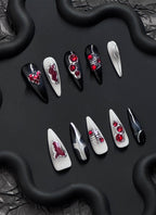 Gothic Black & White Edgy Elegance For Halloween Almond Handmade Press-On Nails NF077