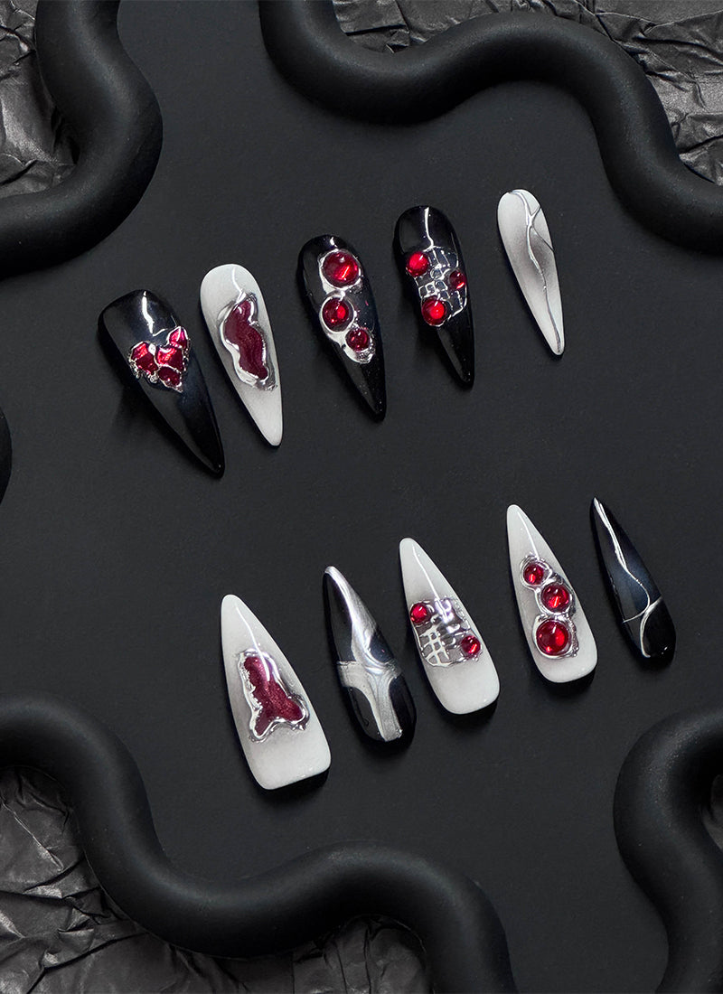 Gothic Black & White Edgy Elegance For Halloween Almond Handmade Press-On Nails NF077
