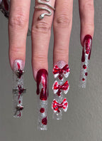 Halloween Gothic Kawaii Red Long Coffin Handmade Press-On Nails NF080