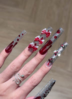 Halloween Gothic Kawaii Red Long Coffin Handmade Press-On Nails NF080