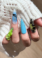 Handcrafted Floral Embossed Vibrant Color Contrast Premium Autumn/Winter Design Almond Handmade Press-On Nails NF081