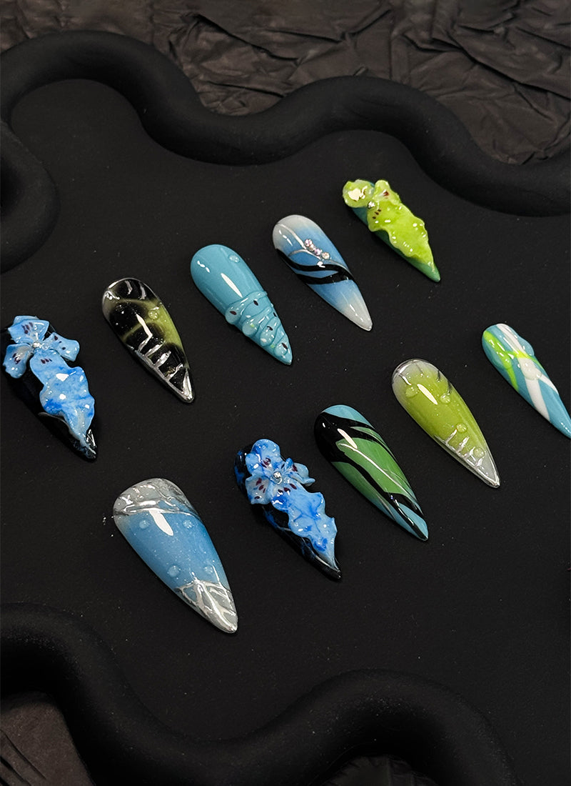 Handcrafted Floral Embossed Vibrant Color Contrast Premium Autumn/Winter Design Almond Handmade Press-On Nails NF081