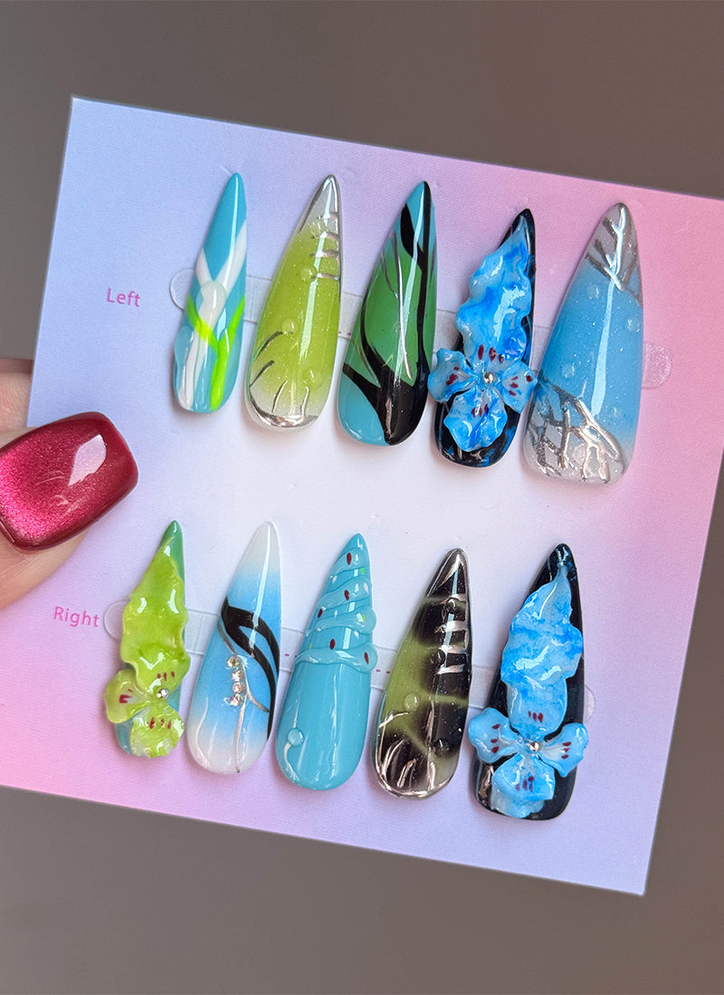 Handcrafted Floral Embossed Vibrant Color Contrast Premium Autumn/Winter Design Almond Handmade Press-On Nails NF081