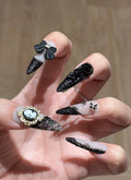 Elegant Black & Off-White Floral Almond Handmade Press-On Nails NF082