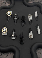 Elegant Black & Off-White Floral Almond Handmade Press-On Nails NF082