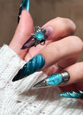 Enigmatic Silver, Black & Sparkling Blue with Abstract Artistry Almond Handmade Press-On Nails NF083