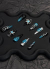 Enigmatic Silver, Black & Sparkling Blue with Abstract Artistry Almond Handmade Press-On Nails NF083