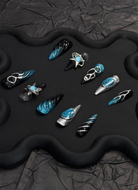 Enigmatic Silver, Black & Sparkling Blue with Abstract Artistry Almond Handmade Press-On Nails NF083