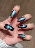 Dark Blue with Silver Shapes Luxury Coffin Handmade Press-On Nails NF085