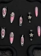 Edgy Black & Pink Sparkling Galaxy Almond Handmade Press-On Nails NF086