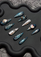 Midnight Glam Navy Blue & Silver X Hearts Almond Handmade Press-On Nails NF088