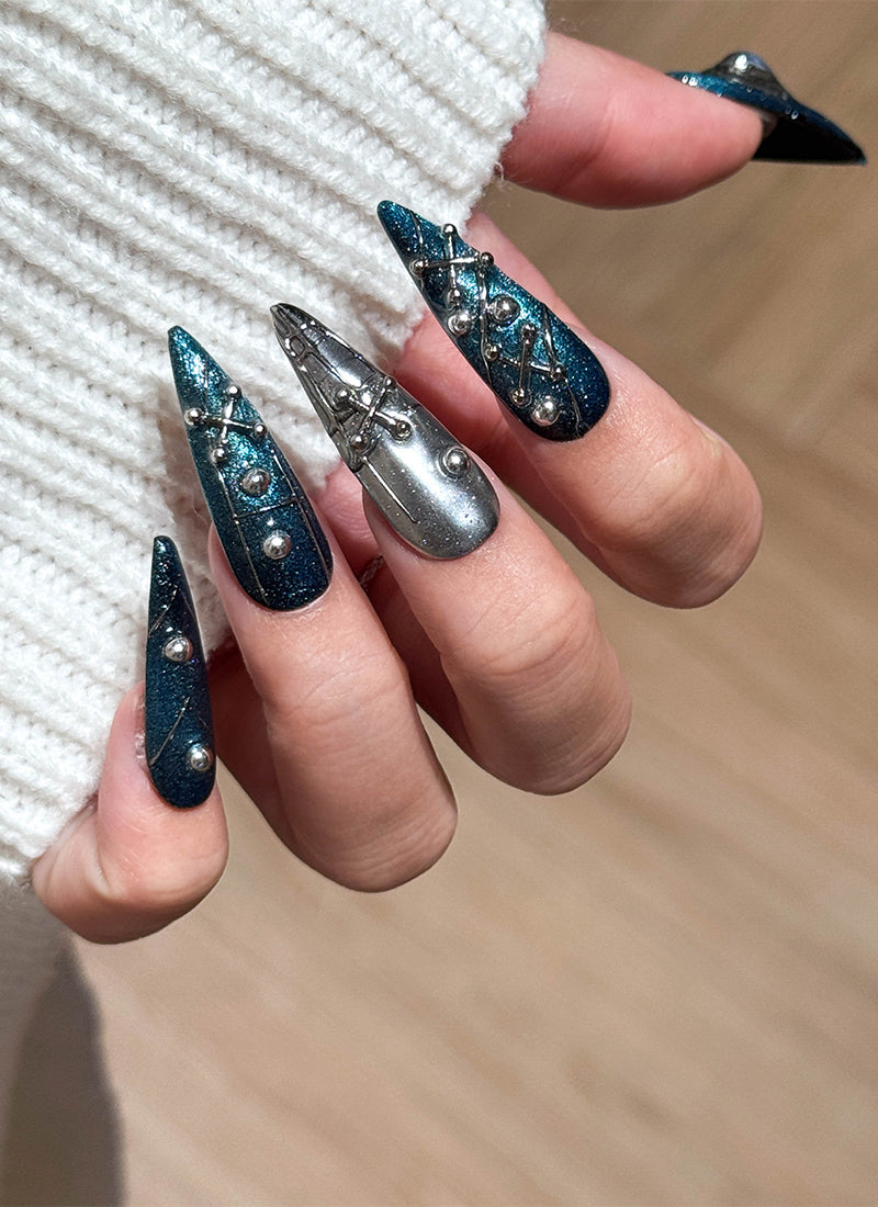 Midnight Glam Navy Blue & Silver X Hearts Almond Handmade Press-On Nails NF088