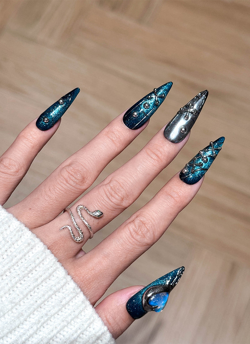 Midnight Glam Navy Blue & Silver X Hearts Almond Handmade Press-On Nails NF088