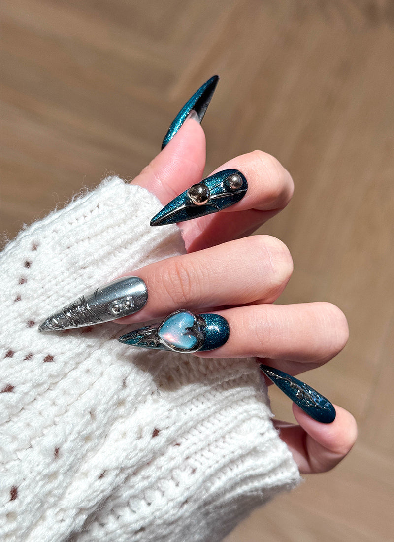 Midnight Glam Navy Blue & Silver X Hearts Almond Handmade Press-On Nails NF088