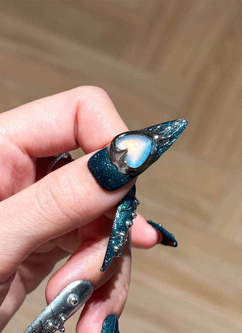 Midnight Glam Navy Blue & Silver X Hearts Almond Handmade Press-On Nails NF088
